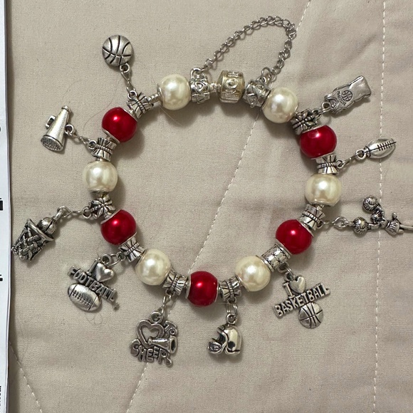 Handmade – NWOT – 925 SS plated charm bracelet, red & white beads, sports charms - Picture 1 of 14